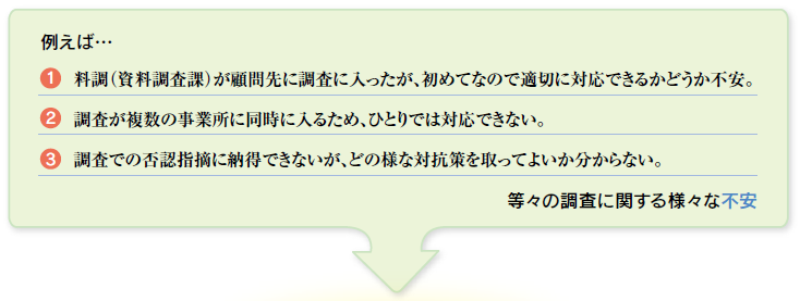 例えば、資料調査が顧問先に調査に入ったが不安、調査が複数同時に入ったため対応できない、調査の否認指摘に納得できないが、対抗策が分からない・・など調査に関する様々な不安